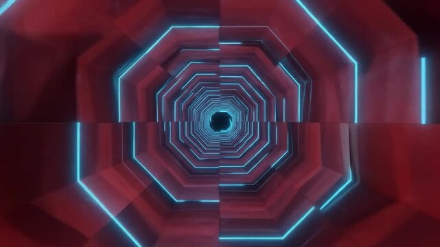 Red neon tunnel, octagon shapes, futuristic background, digital art