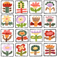 Seamless pastel pattern. Colorful flowers arranged in squares. Handdrawn decorative bloom design. Retro naive illustration.
