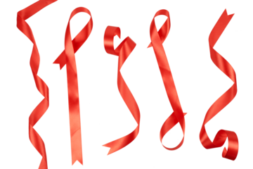 collection of elegant red satin ribbon band and strings laying curly and wavy in different shapes isolated on white or transparent png