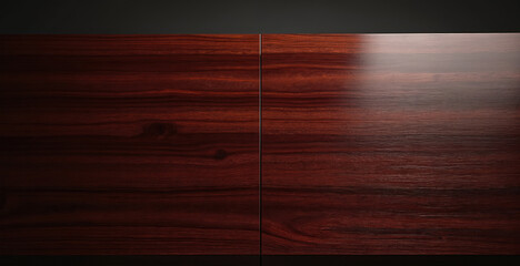 Dark mahogany wood table surface with deep grain, glossy, reflective finish. Rich, luxurious texture offers sense of quality, elegance for interior design backdrops or upscale product presentation.