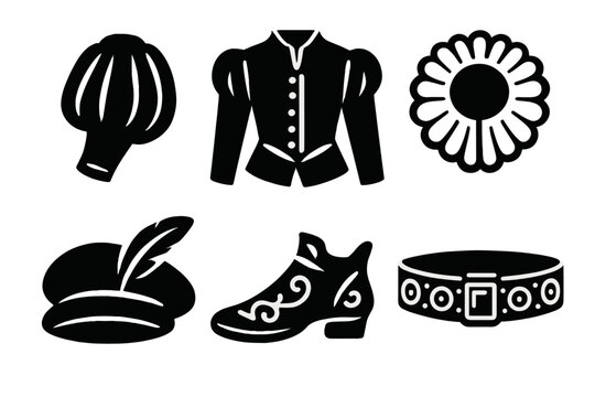 Medieval fashion silhouette icon set. featuring cap, blouse, shoe, belt, capotain, flower symbols