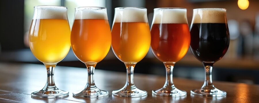 Row of craft beer glasses, featuring lager, ales, stout. Selection offers beverage variety for enthusiasts, culinary exploration. Frothy, gold, chilled drinks for social enjoyment, tasting sessions.