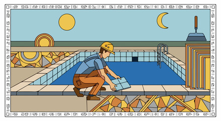 Obraz premium Tiling pool with careful handiwork creates luxurious finish. Tiling pool requires a steady hand, laying tiles along edge, arranging them precisely to ensure perfect pool tiling,