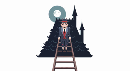 A quirky man climbs ladder leading to castle under moon. Eccentric man in vintage suit ascends ladder towards fantasy castle. Dreamy man on ladder expresses surreal climb.