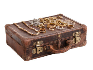 Antique suitcase filled with various jewelry