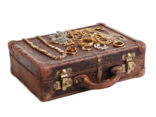 Antique suitcase filled with various jewelry