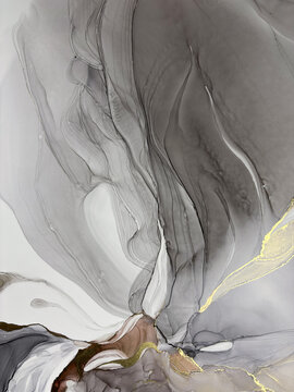 Abstract gray marble background with gold &mdash; monochrome transparent painting with potal. Beautiful smoky art made with alcohol ink. Grey natural fluid art texture resembles liquid cloud or watercolor.