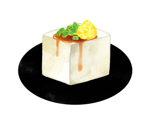 小口ねぎ＆おろし生姜と醤油をかけた豆腐　和食・日本料理の手描き水彩イラスト素材