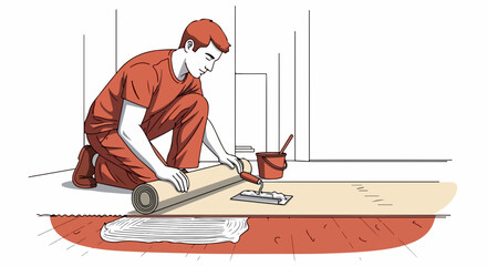 Floor covering installation showing handyman at work with tools. Floor covering, handyman installing floor covering using trowel and glue for precise application.
