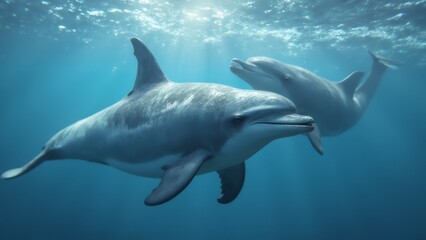Fototapeta premium Two dolphins swimming underwater in clear blue ocean waters.