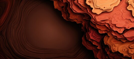 Abstract layered design with warm, earthy tones.  Layered, textured shapes in shades of brown and orange, creating a sculpted, 3D effect.  Deep, rich colors create a sense of depth and dimension