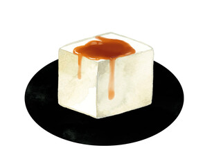 醤油をかけた豆腐と大葉　和食・日本料理の手描き水彩イラスト素材