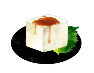 醤油をかけた豆腐と大葉　和食・日本料理の手描き水彩イラスト素材