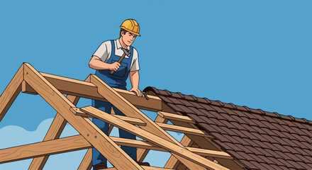 Roofer working on roof, roofing work is crucial for weather protection, ensuring building's structural integrity. Roofer is installing shingles on house, demonstrating skills in roofing work.