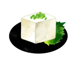 小口ねぎをかけた豆腐　和食・日本料理の手描き水彩イラスト素材