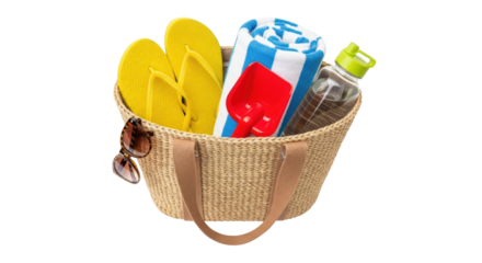 Isolated beach bag filled with towel, sunglasses, yellow flip flops, shovel, and water bottle