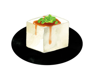 小口ねぎと醤油をかけた豆腐　和食・日本料理の手描き水彩イラスト素材