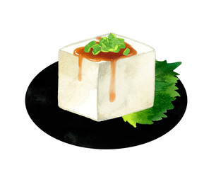 小口ねぎと醤油をかけた豆腐　和食・日本料理の手描き水彩イラスト素材