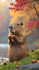 Capybara eating nuts in autumnal park