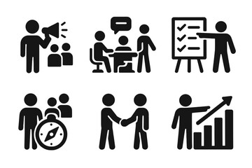 Business and teamwork silhouette icon set. featuring megaphone, meeting, presentation, leadership, handshake, growth