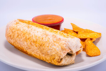 burrito with salsa and chips