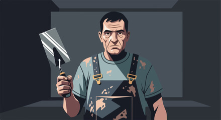 Construction worker with trowel wearing dirty overalls stands in dim room. Construction worker is a handyman holding his metal tool.