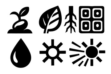 Agriculture silhouette icon set. featuring plant, leaf, roots, seedling, water drop, sun, and sunshine symbols