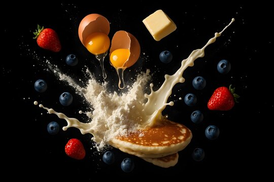 Pancakes eggs butter strawberries and blueberries splashing into milk national pancake day - Powered by Adobe