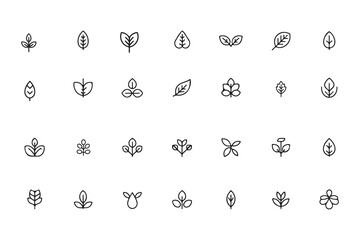Collection of simple leaf icons in black outline leaves