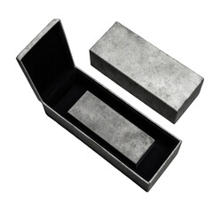 Gray rectangular boxes,  one open