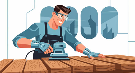Craftsman using belt sander on wooden planks, belt sander in action creating a smooth surface. Craftsman works with dedication to achieve great results with belt sander.