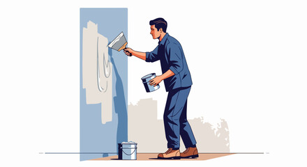 Man plastering wall shown indoors, professional plastering wall with plaster for home renovation. Skilled tradesman plastering wall surface, smoothing it with spatula, and improving construction.