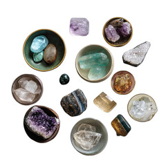 Variety of crystals in small bowls