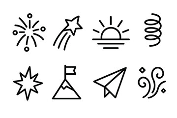 Fototapeta premium Celebration silhouette icons set. featuring firework, shooting star, sunrise, spiral, sparkle, mountain, paper plane, swirl symbols