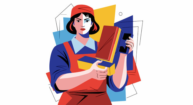 Woman holding boxes for shipping. Woman with boxes for shipping and delivery, dressed in uniform. Woman holding boxes is ideal for express commercial service illustration.