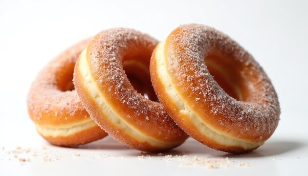Three sugar-glazed cinnamon donuts sit in close-up arrangement on white background. Sweet dessert pastry features tasty baked texture with fresh cinnamon sugar coating, perfect for breakfast, bakery,