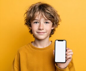 Fototapeta premium A young boy displays a blank smartphone screen against a vibrant yellow backdrop.