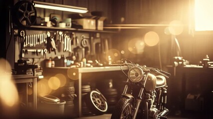 Cinematic People & Lifestyle Vintage Camera Moving on a Workbench in Warm Light