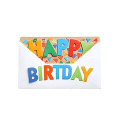Joyful 'Happy Birthday' message bursting from an open envelope with vibrant confetti, perfect for sending festive wishes and celebrating special moments with loved ones.