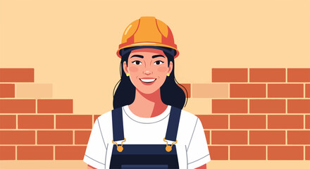 Cartoon construction worker in protective gear smiles near brickwork. Young construction worker posing during break near brickwork construction.