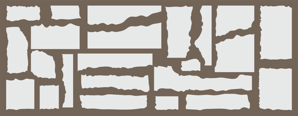 Pieces of paper with torn jagged edges for a vintage retro style collage. Sticky notes, shreds of notebook pages. Set of torn newspaper strip with grunge texture, ripped plastic paper label. Vector