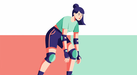 Young woman roller skating, showing energy and movement in sporty attire, is ready for Роликовые коньки.