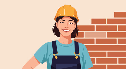 Confident woman builder, pictured near brickwork, exhibits expertise in masonry. Woman builder, clad in protective gear, demonstrates skill near wall.