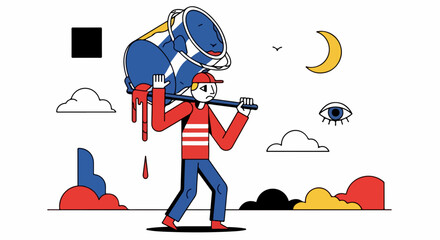 Figure doing paint work, carrying oversized paint can dripping vivid colors. Character in striped shirt embodies paint work, symbolizing creative process, artistic endeavor.