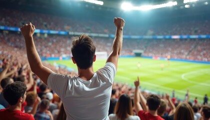 Fans cheer in stadium during sports match. Crowd shows energy, enthusiasm at game. People support athletes in arena, feeling exhilaration, unity, passion, victory. Championship fervor unites