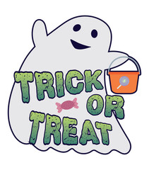 Trick or treat text with ghost and candy vector illustration. Halloween theme element 