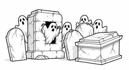 Spooky Halloween ghosts emerge from crumbling tombstones and weathered crypts, creating an eerie graveyard scene under moonlit sky. Group of Halloween ghosts floats around ancient grave markers,
