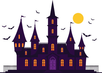 Dark purple haunted castle with glowing windows, flying bats, yellow moon, spooky Halloween night vector illustration for horror themes.