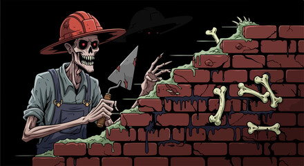 Constructing brick wall with eerie bones as mortar for unique design, constructing brick wall with spooky flair. Unusual construction shows skeleton builder at work,