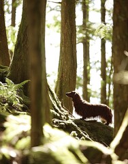 Obraz premium A dog stands in a sunlit forest